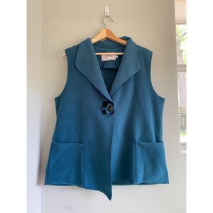 Janska Vest Women Sz L Dark Teal Fleece USA One Button Front Pockets Lagenlook
